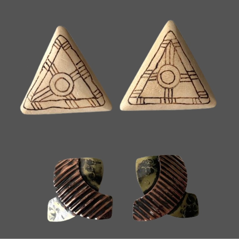 2 pairs of vtg clip-on earrings art teacher wood Creative Copper wearable art